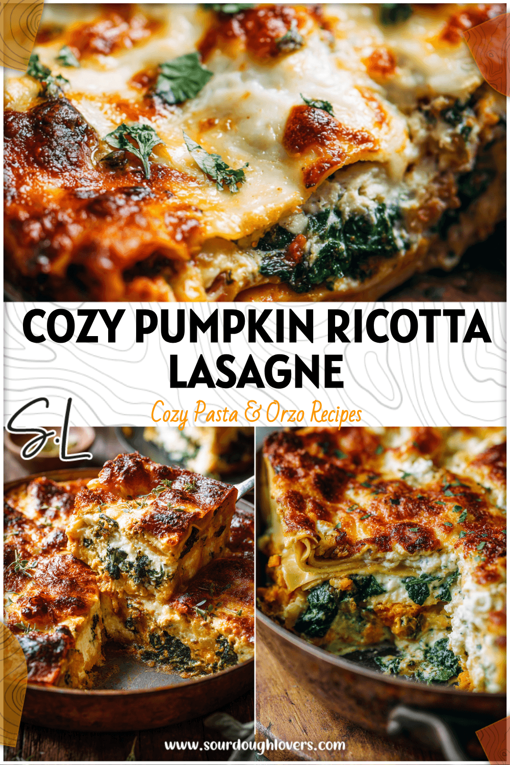 Freshly baked Pumpkin Spinach Ricotta Lasagne with golden cheesy topping in a rustic pan 26